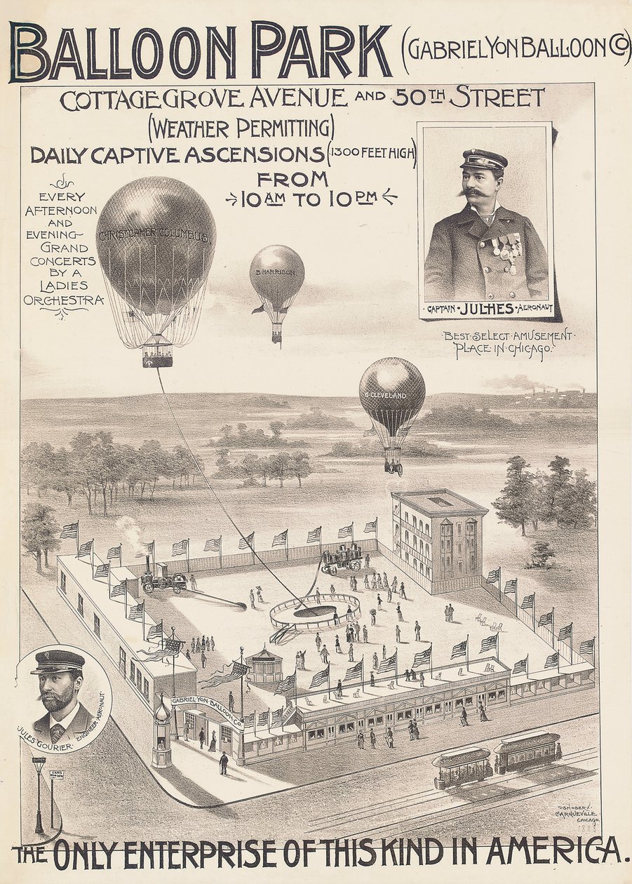 ملصق إعلاني لـ Balloon Park في شيكاغو ، الولايات المتحدة الأمريكية ، حوالي 1888 بواسطة المدرسة الأمريكية