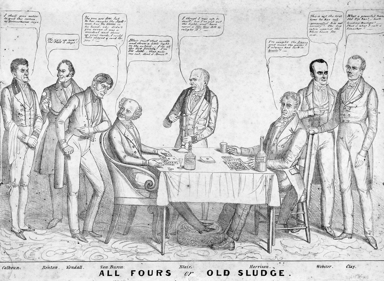 All Fours or Old Sludge ، رسم كاريكاتوري سياسي يصور الرئيس مارتن فان بيورين (1782-1862) يلعب ضد وليام هنري هاريسون (1773-1841) وسط رجال دولة وسياسيين آخرين ، 1836 (ليثو بواسطة المدرسة الأمريكية