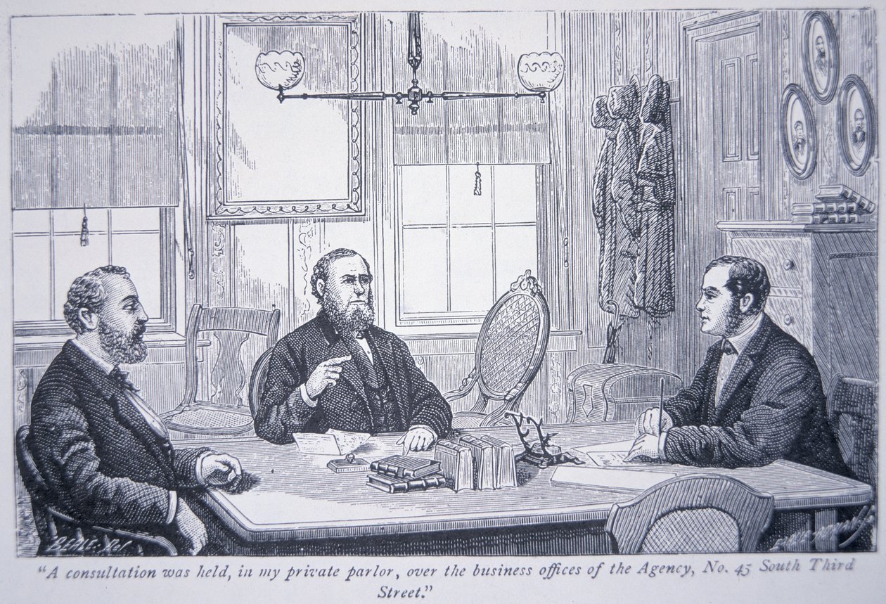 Allan Pinkerton in consultation with clients in his Philadelphia office بواسطة المدرسة الأمريكية
