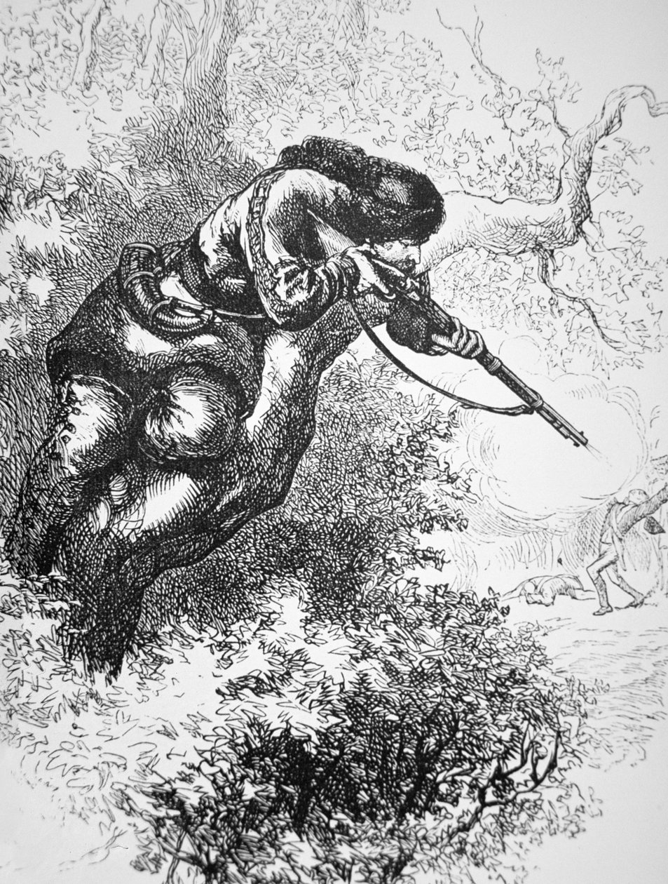 American Marksman up a Tree, during the American Revolutionary War (litho) بواسطة المدرسة الأمريكية