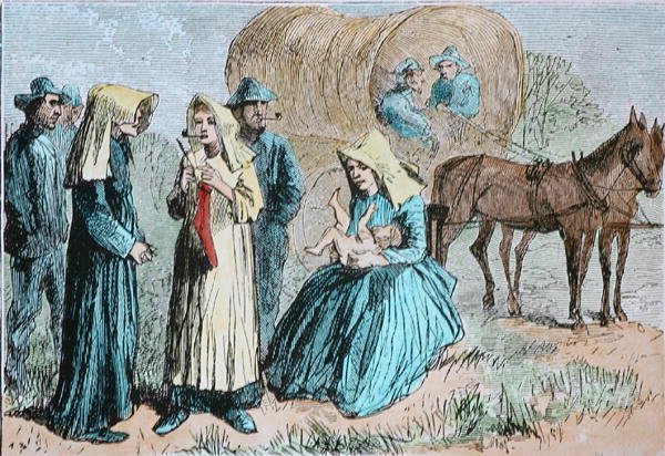 رواد قطار أمريكان واجن ، حوالي 1860 (نقش ملون) بواسطة المدرسة الأمريكية