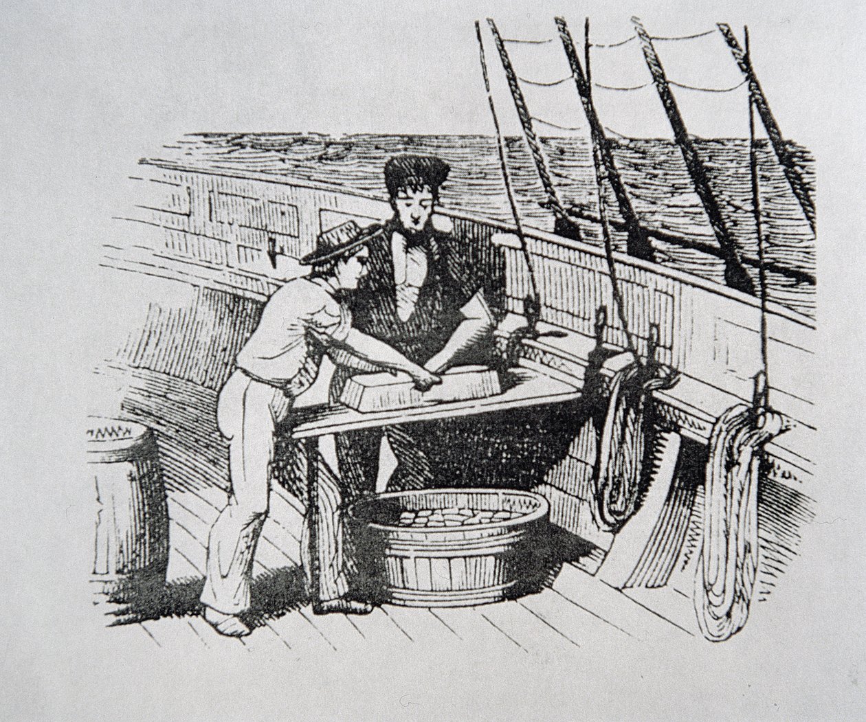 American whalers cutting whale blubber into 