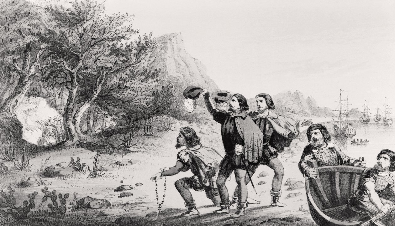 أمريكو فيسبوتشي تهبط في العالم الجديد ، من "الحياة ورحلات الأمريكتين فيسبوتشيوس" ، التي نشرها هوراس مانسفيلد ، نيو هافن ، كونيتيكت ، 1853 بواسطة المدرسة الأمريكية