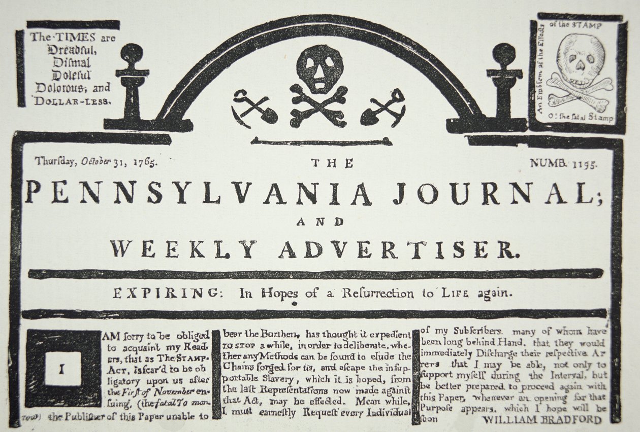 An American reply to the British imposed Stamp Act, pub. in The Pennsylvania Journal and Weekly Advertiser on 31st October 1765 (newsprint) بواسطة المدرسة الأمريكية