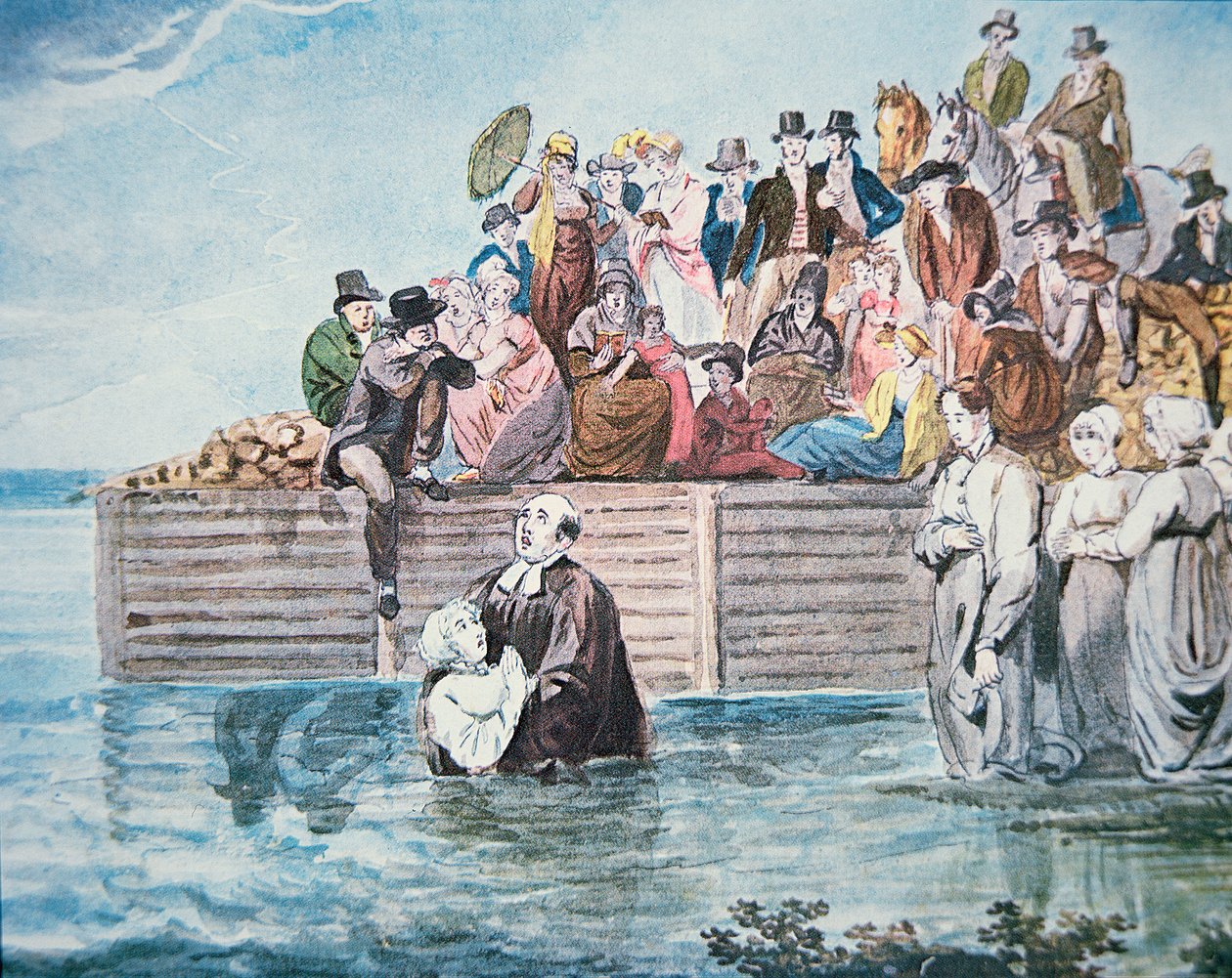Anabaptists of Philadelphia witness a full immersion baptism in a river (colour litho) بواسطة المدرسة الأمريكية