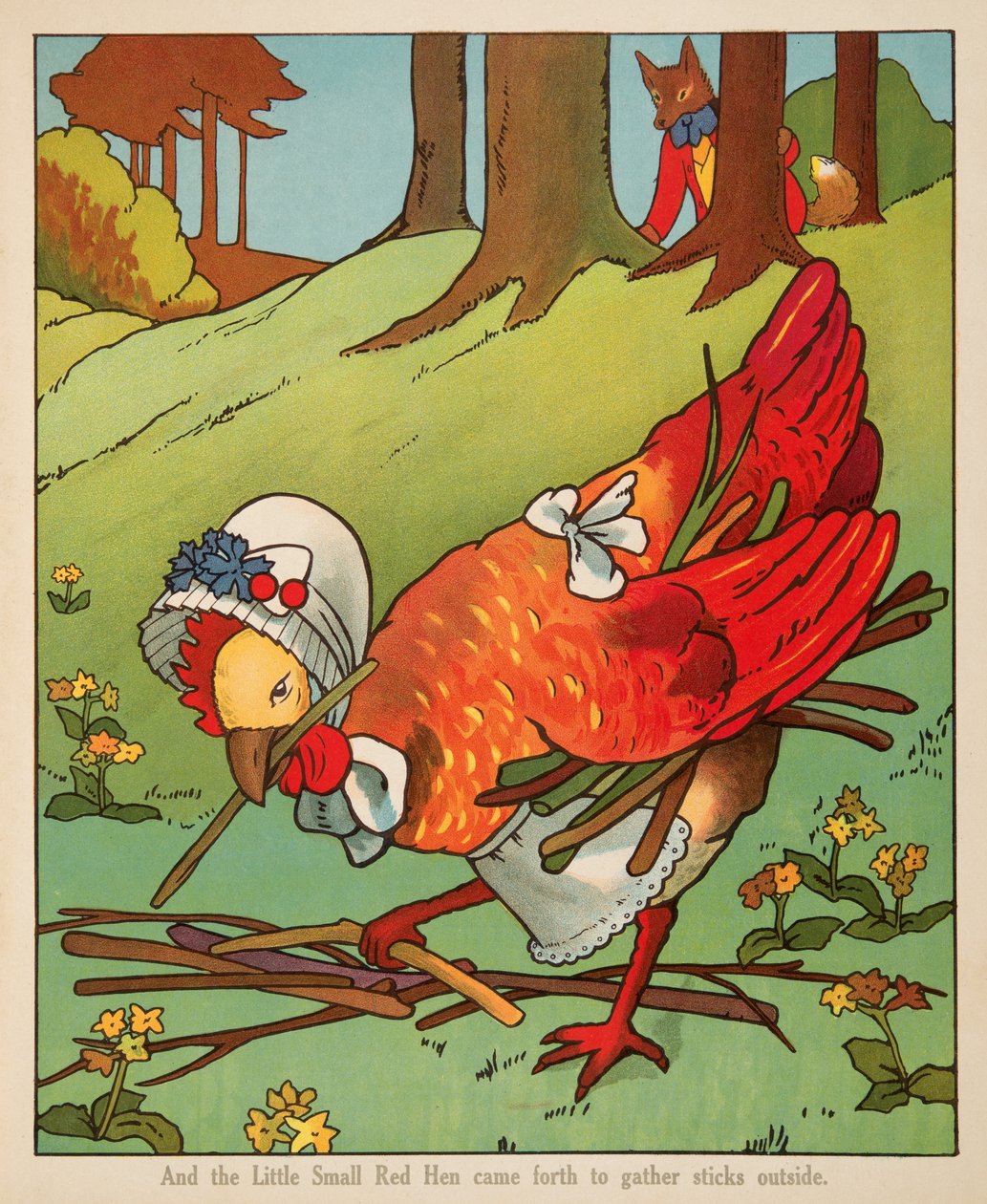 "وجاءت الدجاجة الحمراء الصغيرة لتجمع العصي في الخارج" ، من حانة Peter Rabbit Little Red Hen و Owl و Pussy Cat. تشارلز إي جراهام وشركاه ج. 1900 (الطباعة الحجرية الملونة) بواسطة المدرسة الأمريكية