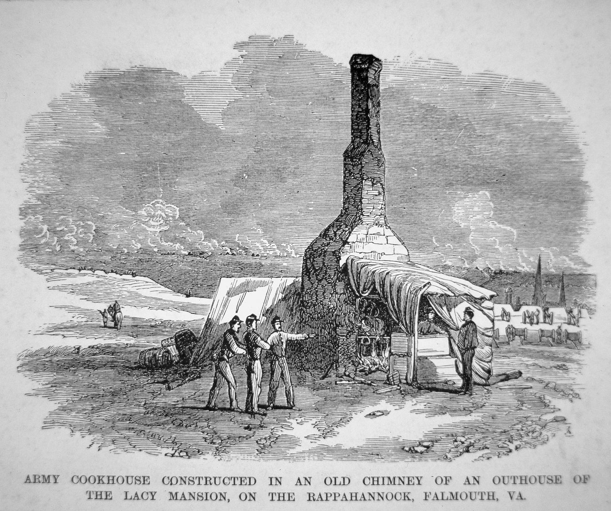 Army cookhouse constructed in an old chimney of an outhouse of the Lacy mansion, on the Rappahannock, Falmouth, Virginia (engraving) بواسطة المدرسة الأمريكية
