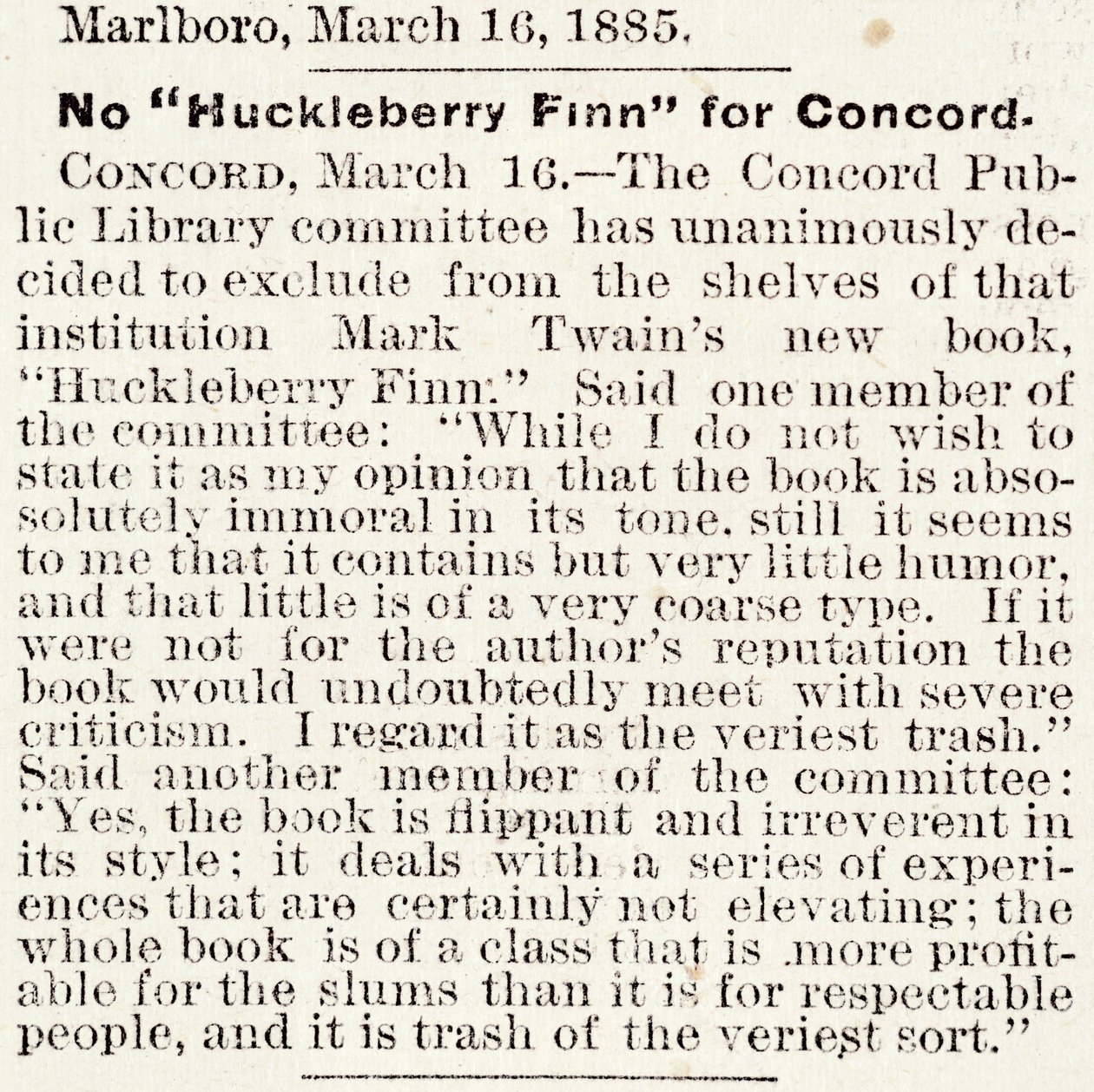 مقالة في صحيفة بوسطن ديلي جلوب بشأن حظر Huckleberry Finn في كونكورد ، ماساتشوستس ، من 16 مارس 1885 (ورق الصحف) بواسطة المدرسة الأمريكية