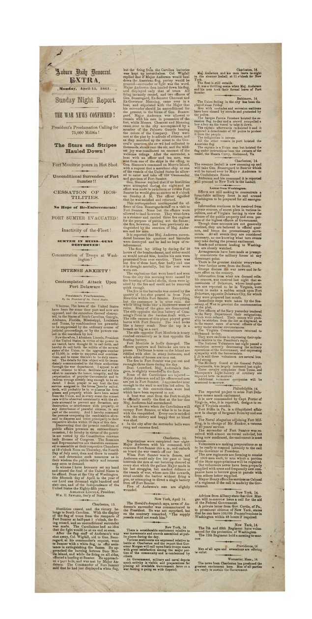 Auburn Daily Democrat Extra re: Fort Sumter ، 15th April 1861 بواسطة المدرسة الأمريكية