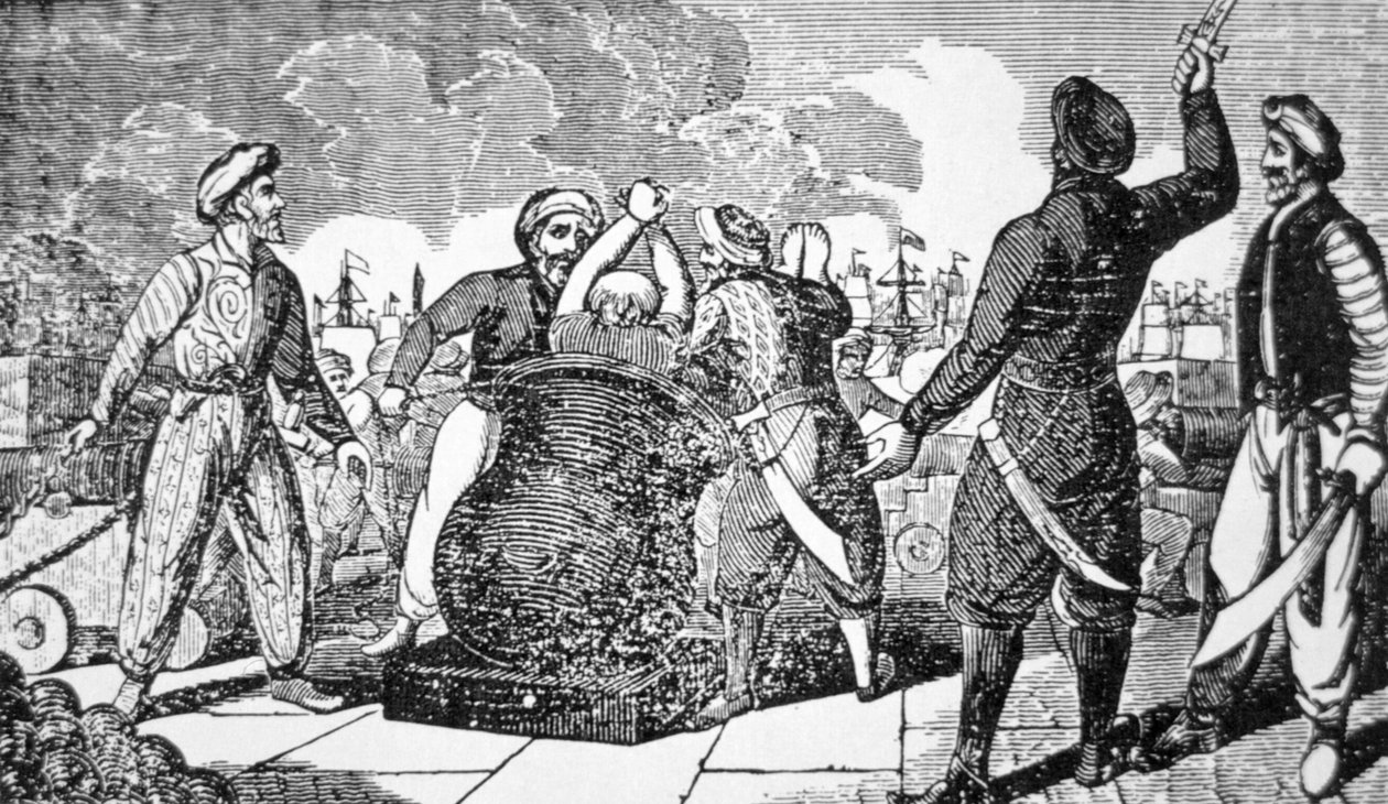 Barbary Corsairs return the French Consul at Algiers to his ship, by cannon (engraving) بواسطة المدرسة الأمريكية
