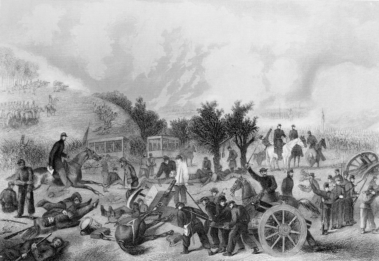 معركة جيتيسبيرغ ، بنسلفانيا 1863 ، مطبوعة في تاريخ الولايات المتحدة ، 1866 بواسطة المدرسة الأمريكية