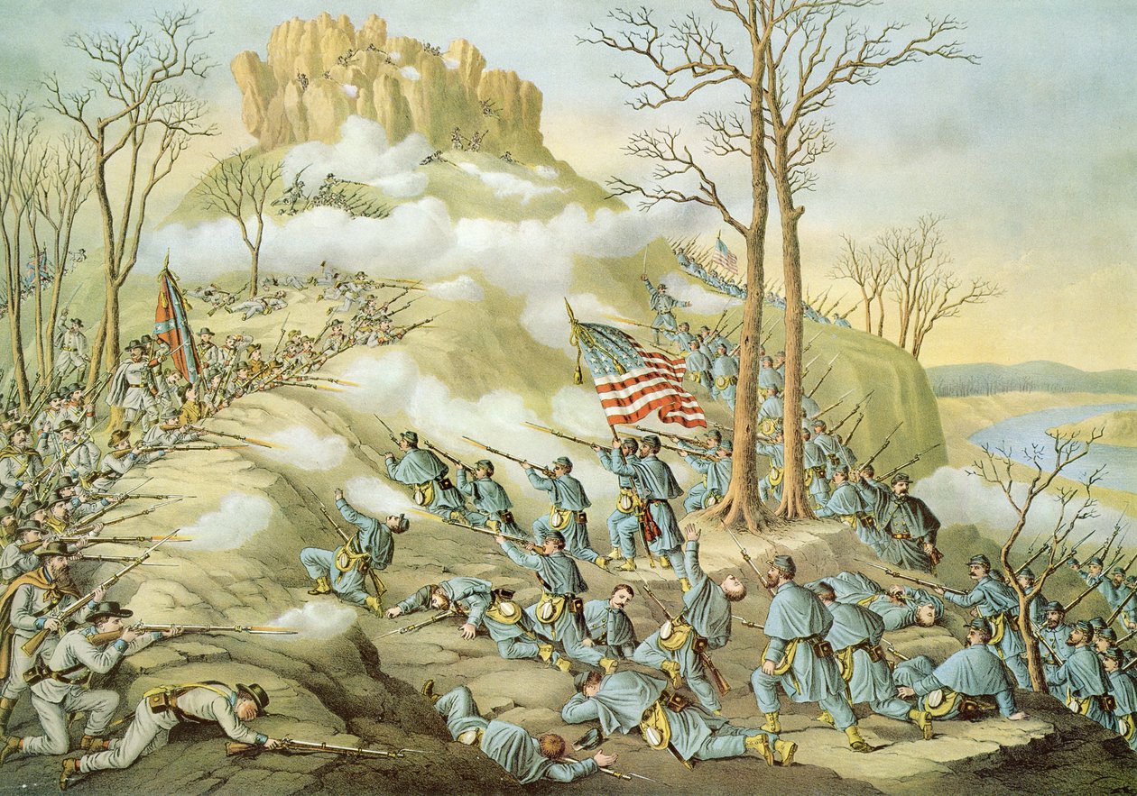 Battle of Lookout Mountain, 24th November 1863, engraved by Kurz & Allison بواسطة المدرسة الأمريكية