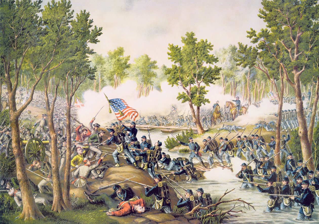 Battle of Spottsylvania, May 1864, engraved by Kurz & Allison بواسطة المدرسة الأمريكية