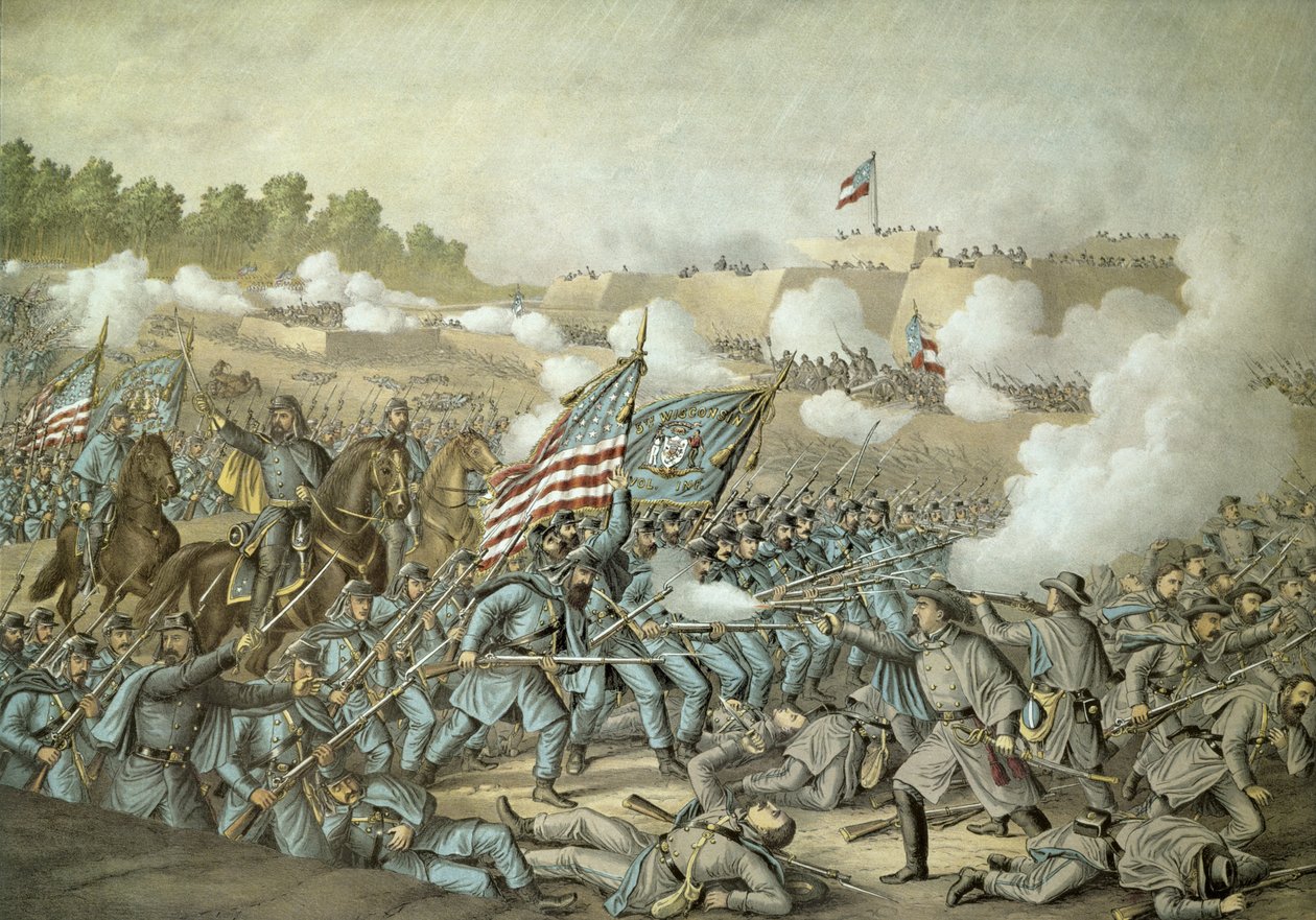 Battle of Williamsburg, 5th May 1862 by Kurz & Allison (colour litho) بواسطة المدرسة الأمريكية