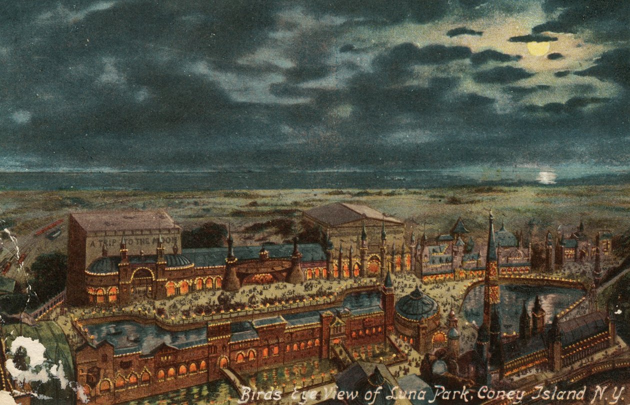 منظر عين الطير من لونا بارك ، جزيرة كوني ، نيويورك ، c.1900 بواسطة المدرسة الأمريكية