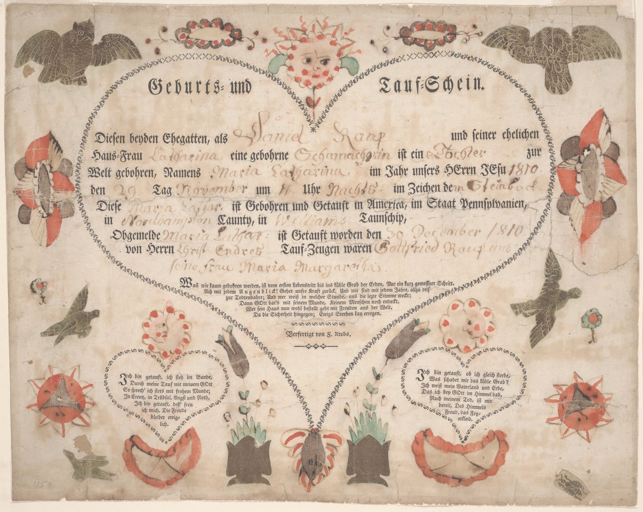 شهادة الميلاد والمعمودية (Geburts und Taufschein) لماريا كاثرينا راوب حوالي 1806 (قلم وحبر مع ألوان مائية على ورق) بواسطة المدرسة الأمريكية