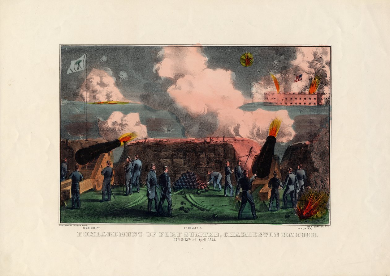 قصف فورت سمتر ، ميناء تشارلستون ، 12 و 13 أبريل 1861 ، حانة. بواسطة Currier & Ives ، c.1861 بواسطة المدرسة الأمريكية