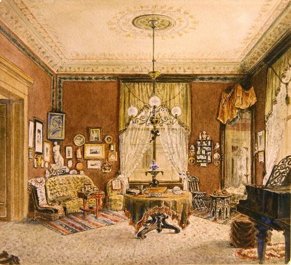 غرفة الرسم الداخلية في بوسطن ، حوالي عام 1890 (ألوان مائية على ورق) بواسطة المدرسة الأمريكية