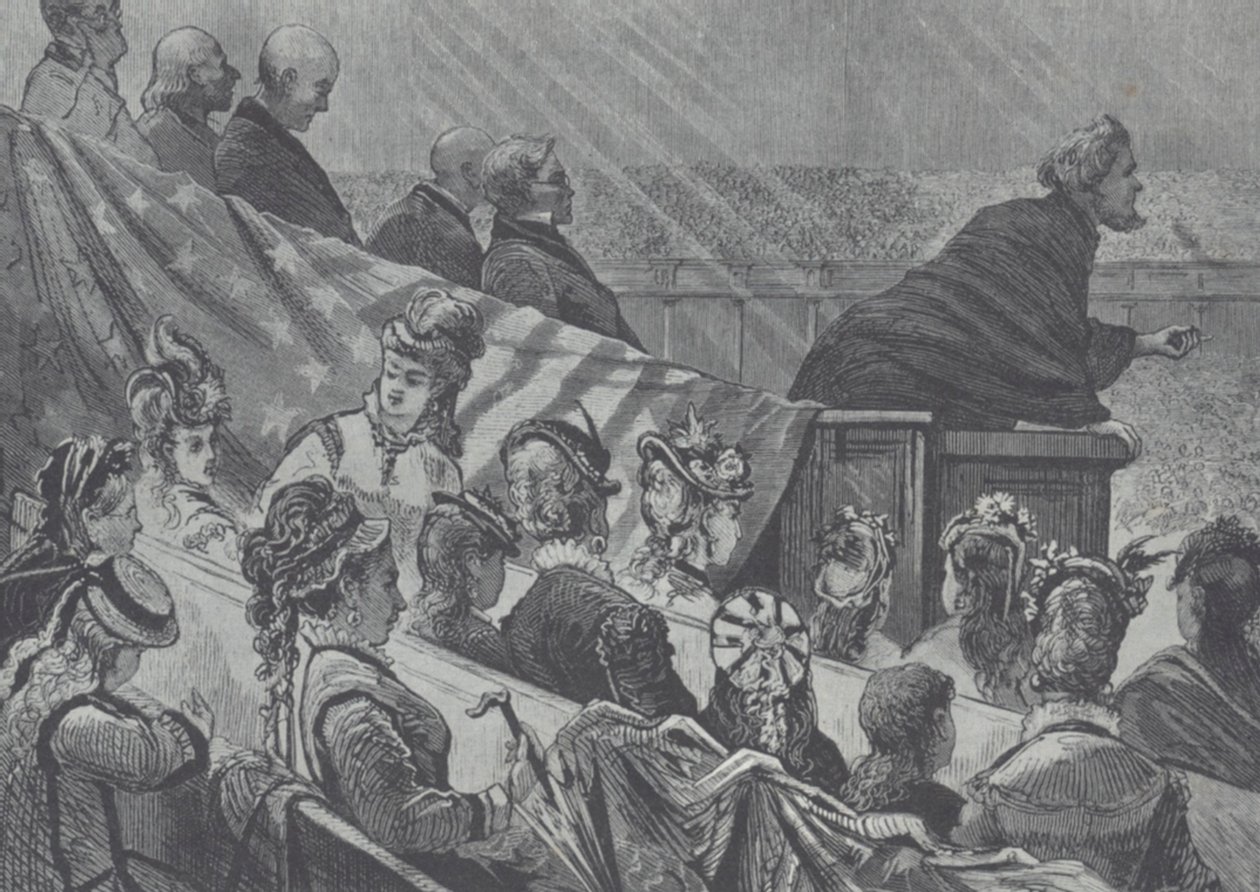 Brigham Young watched by his many young wives while preaching at the Great Mormon Tabernacle, Utah بواسطة المدرسة الأمريكية