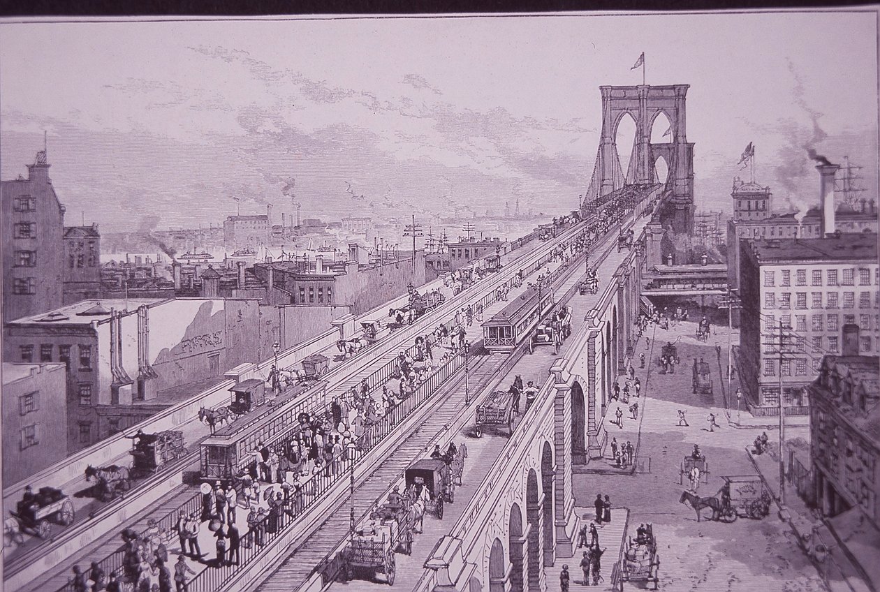 Brooklyn Bridge just after the opening ceremony, published 26 May 1883 (engraving) بواسطة المدرسة الأمريكية