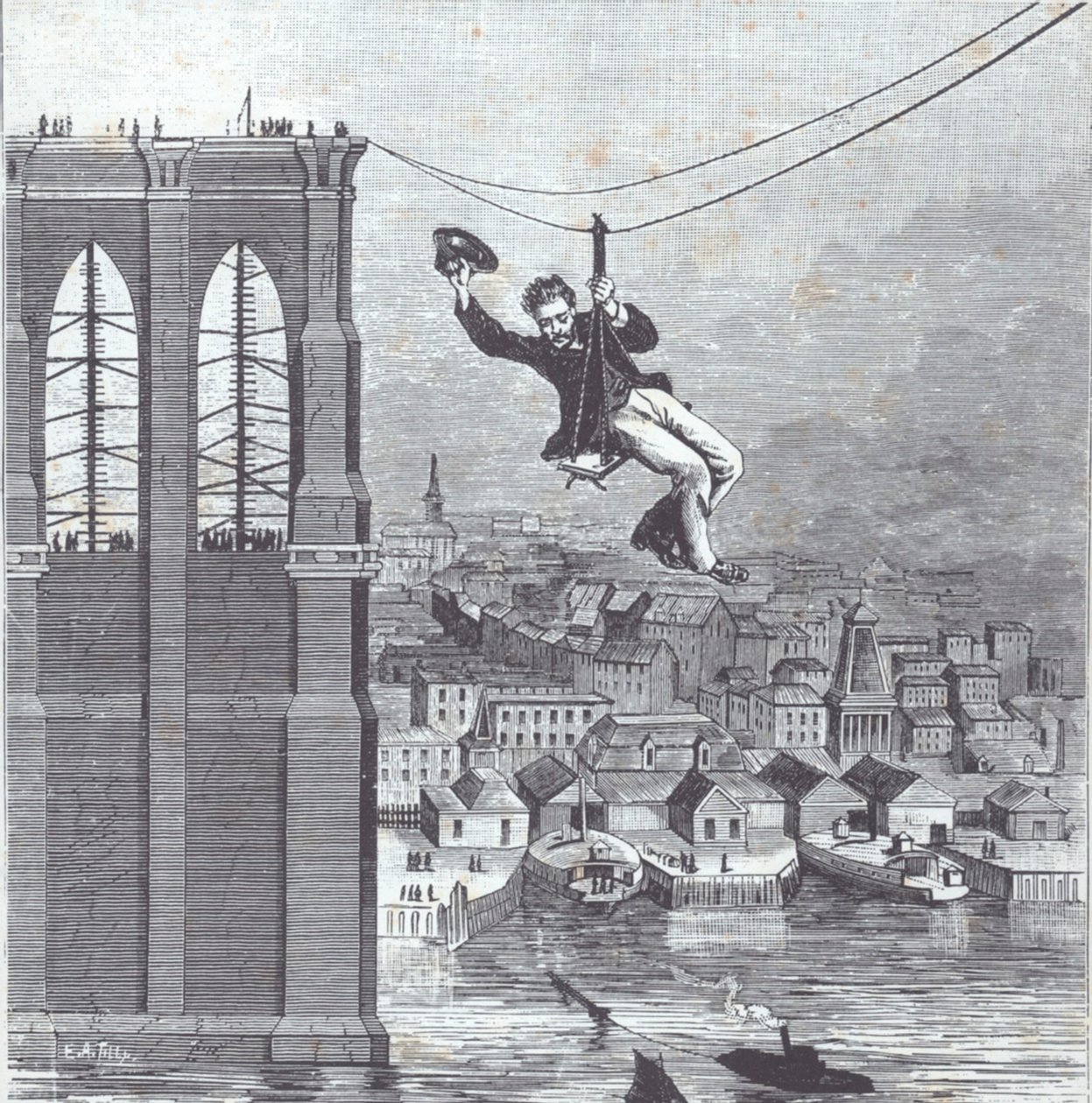 Brooklyn Bridge under construction; Mr Farrington, chief construction supervisor, is first to cross the span between the two pylons on 25 August 1876 (engraving) بواسطة المدرسة الأمريكية