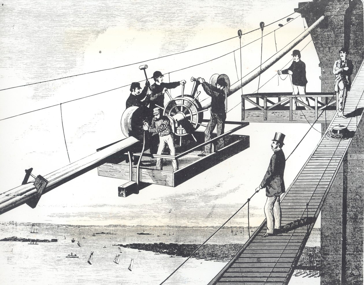 Brooklyn Bridge under construction in 1876, braiding the suspension cables (engraving) بواسطة المدرسة الأمريكية