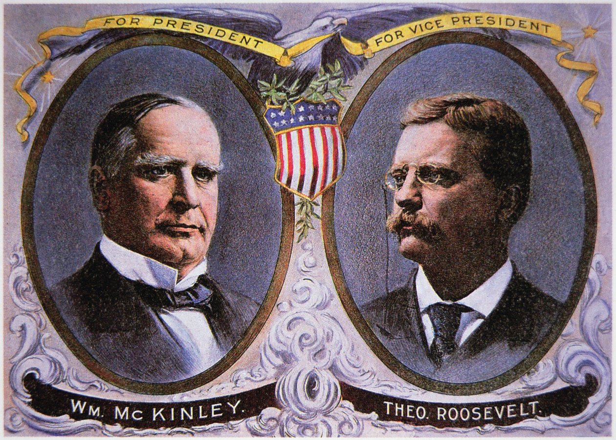 ملصق الحملة لـ William Mckinley (1843-1901) كرئيس وثيودور روزفلت (1858-1919) كنائب للرئيس بواسطة المدرسة الأمريكية