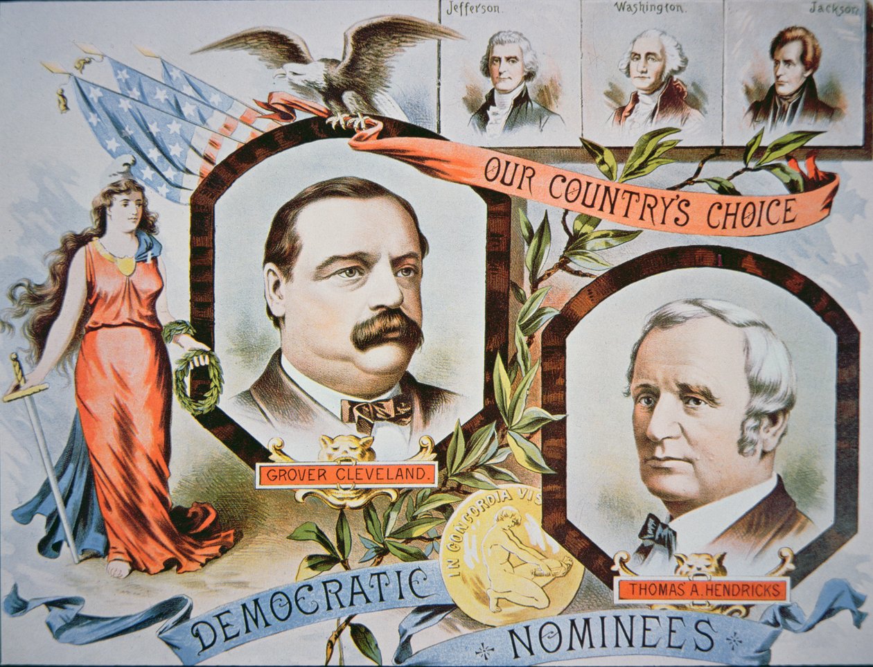 Campaign poster for presidential candidate Grover Cleveland and running mate, Thomas A. Hendricks (1819-85) بواسطة المدرسة الأمريكية