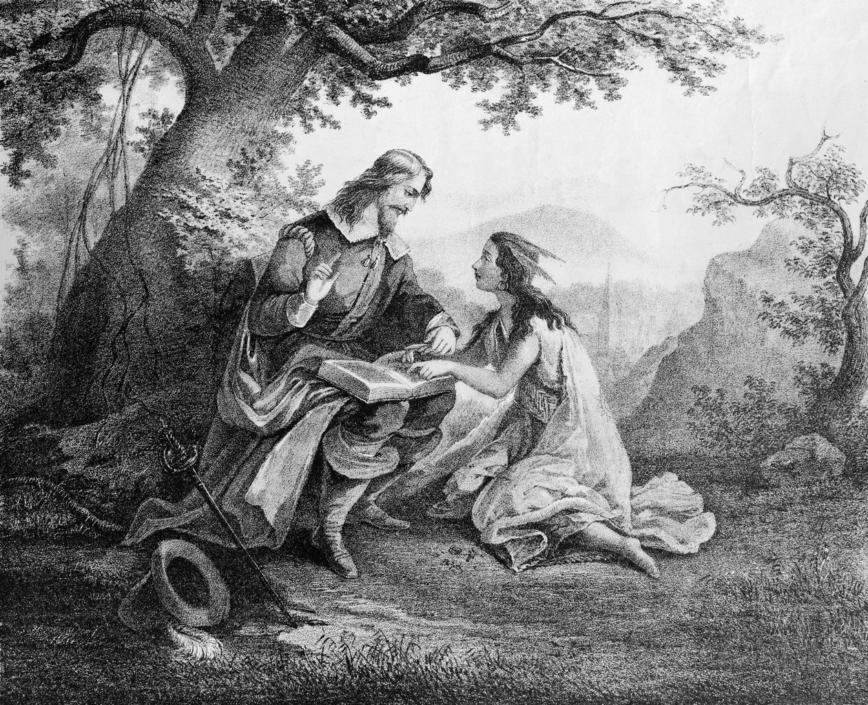 الكابتن جون سميث (1580-1631) يعلم بوكوهونتاس (حوالي 1595-1617) القراءة بواسطة المدرسة الأمريكية