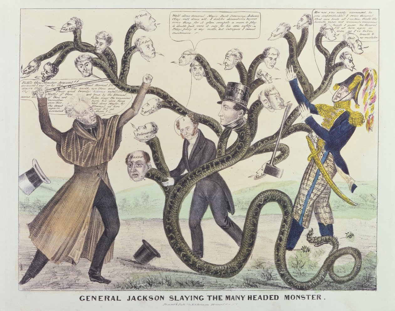 كاريكاتير للجنرال جاكسون (1767-1845) يذبح الوحش ذو الرأس العريض ، نشره HR Robinson ، c.1836 (قلم وحبر وقلم رصاص ومرحاض على ورق) بواسطة المدرسة الأمريكية