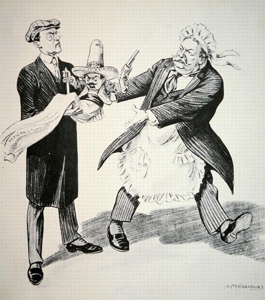 رسم كاريكاتوري يصور الرئيس ويليام إتش تافت (1857-1930) وهو يسلم "الوضع المكسيكي" الإشكالي إلى خليفته الرئيس وودرو ويلسون (1856-1924) 1913 (ليتو) بواسطة المدرسة الأمريكية
