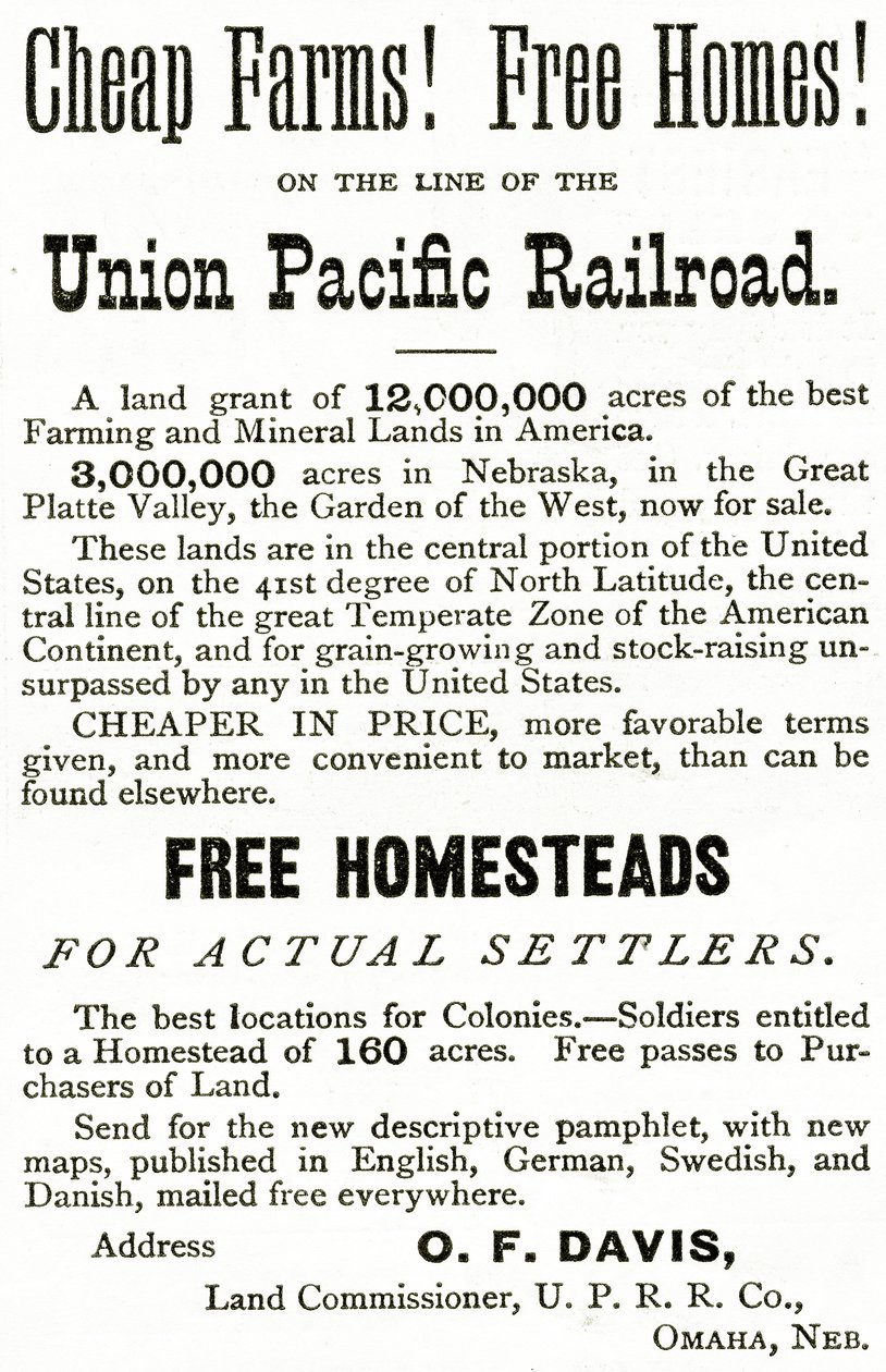 مزارع رخيصة ومنازل مجانية على خط السكة الحديد Union Pacific ، إعلان من Appletons Journal ، 4 مايو 1872 بواسطة المدرسة الأمريكية