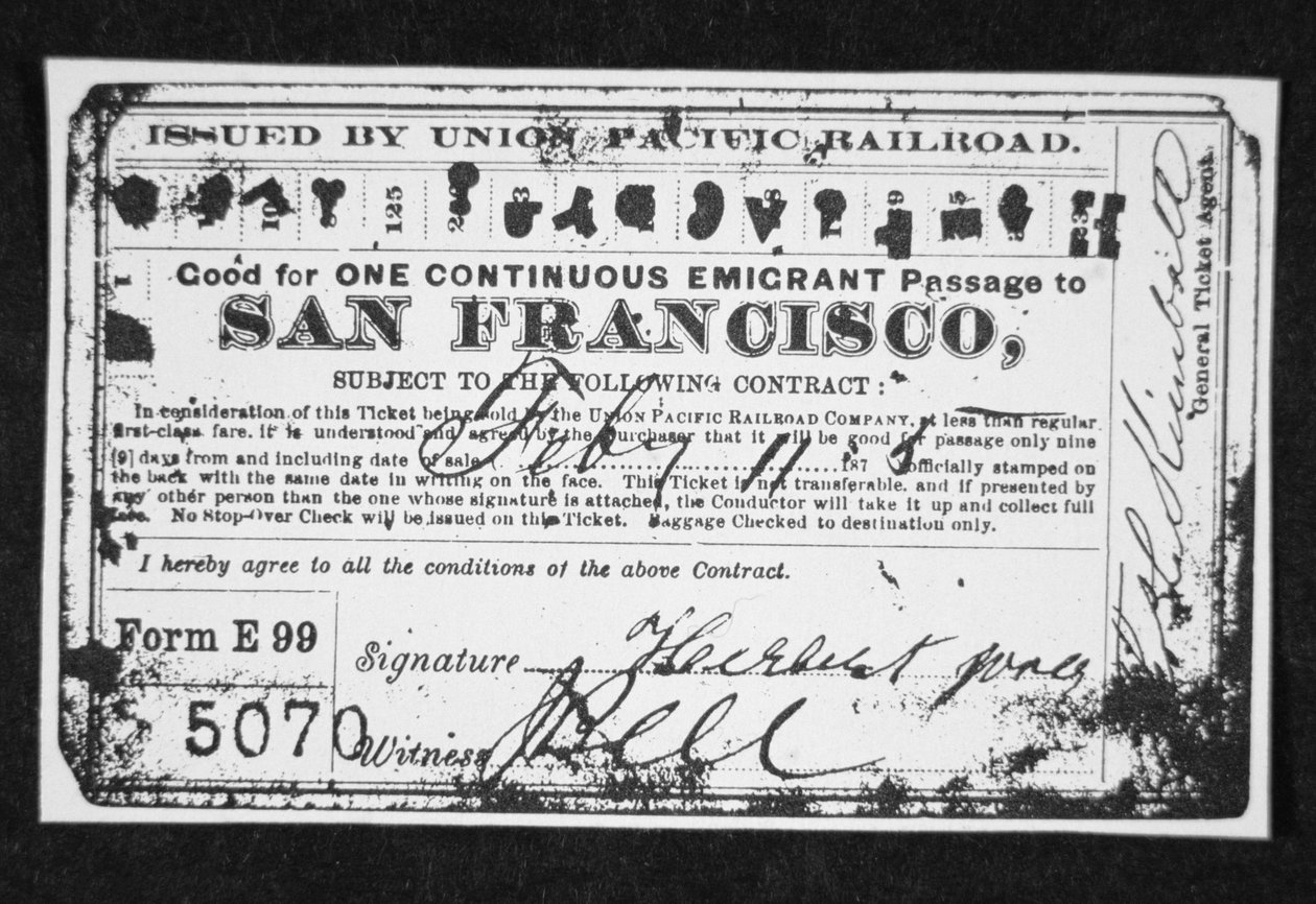 Cheap emigrant railroad ticket, c.1870 (litho) بواسطة المدرسة الأمريكية