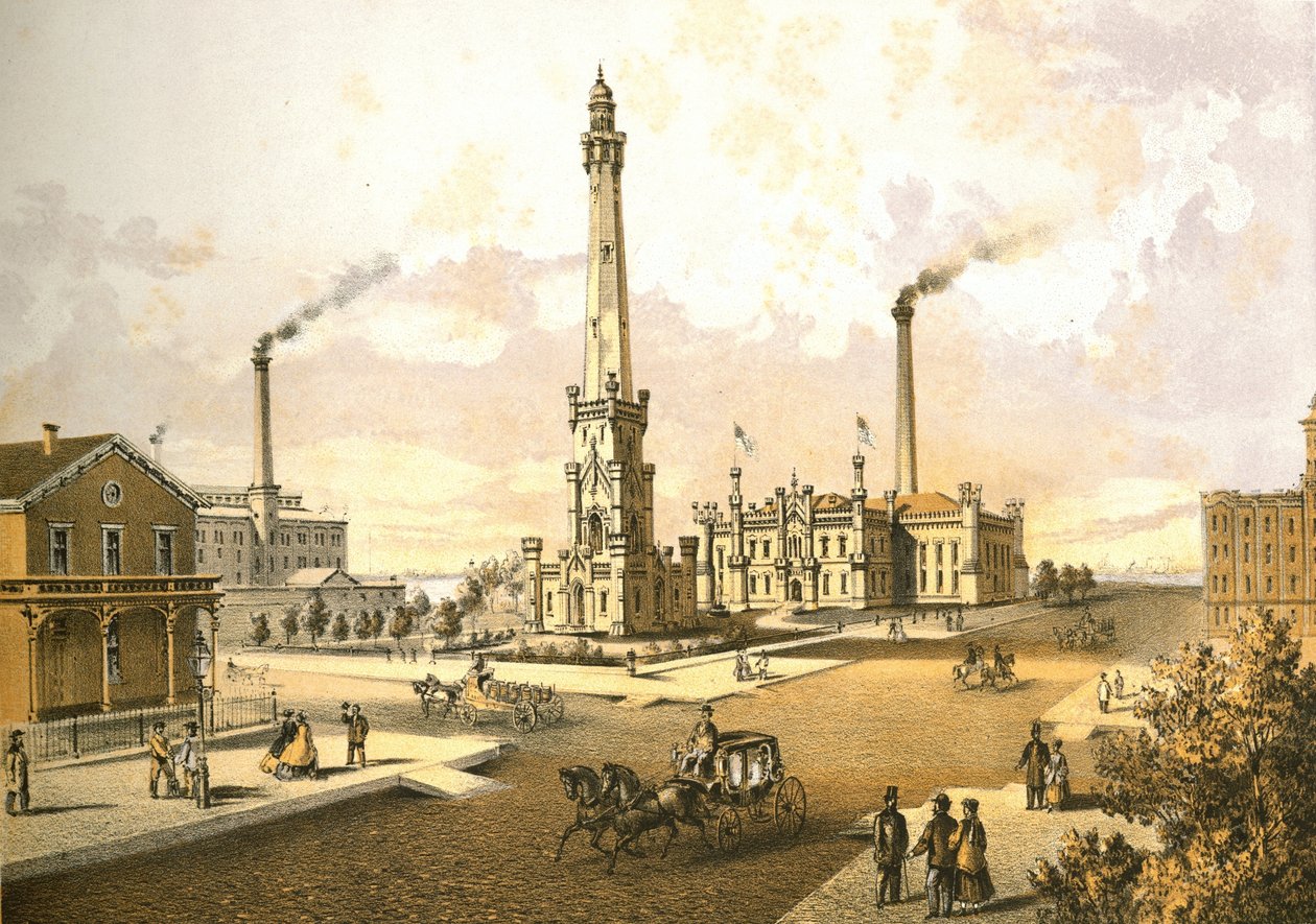 Chicago Water Works ، من Chicago Illustrated ، مع أوصاف أدبية كتبها James W. Sheahan ، نشرتها Jevne & Almini ، شيكاغو ، 1866-67 بواسطة المدرسة الأمريكية
