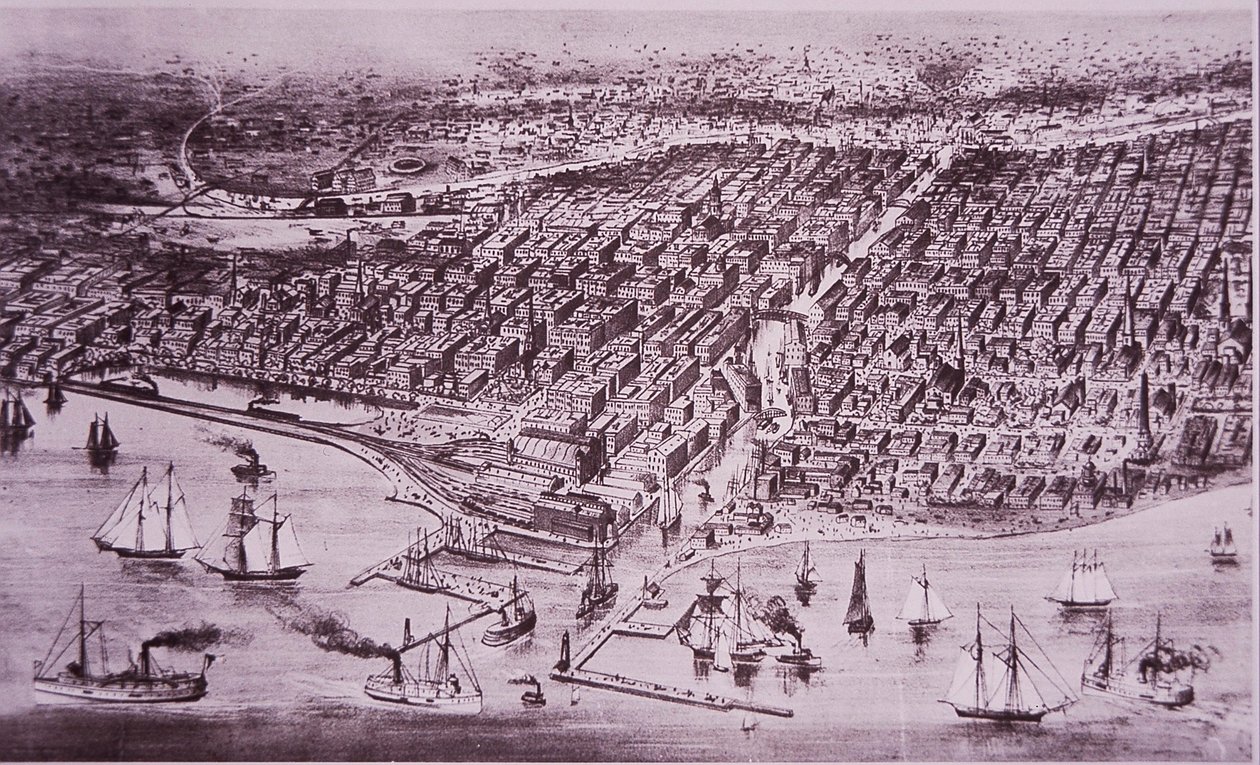 شيكاغو قبل الحريق العظيم عام 1871 ، حوالي 1870 (ليثو) بواسطة المدرسة الأمريكية