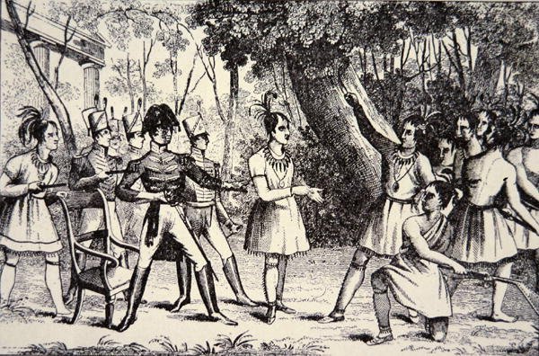 الزعيم تيكومسيه (1768-1813) يتحدى الجنرال هاريسون (1773-1841) (نقش) بواسطة المدرسة الأمريكية