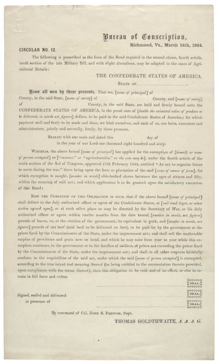 تعميم رقم. 12 ، طلب فارغ للإعفاء من الخدمة في الجيش الكونفدرالي ، 24 مارس 1864 بواسطة المدرسة الأمريكية