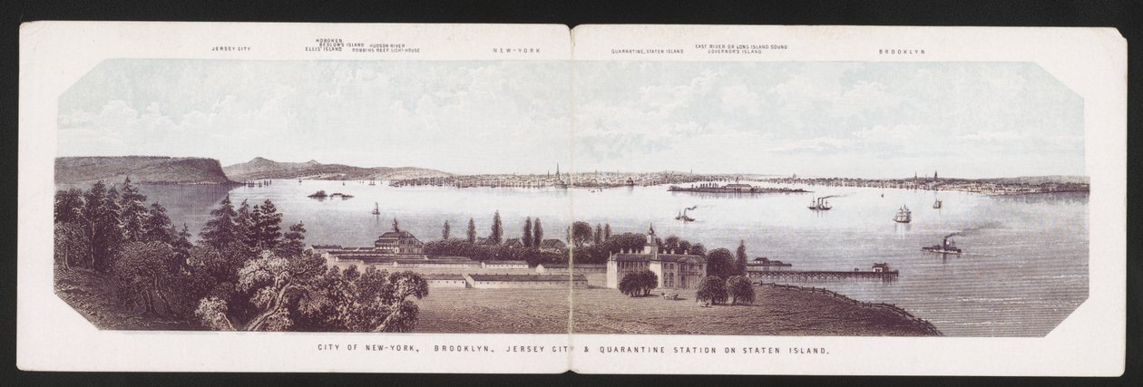 مدينة نيويورك ، بروكلين ، جيرسي سيتي ومحطة الحجر الصحي في جزيرة ستاتن ، حوالي عام 1850 (لون ليثو) بواسطة المدرسة الأمريكية