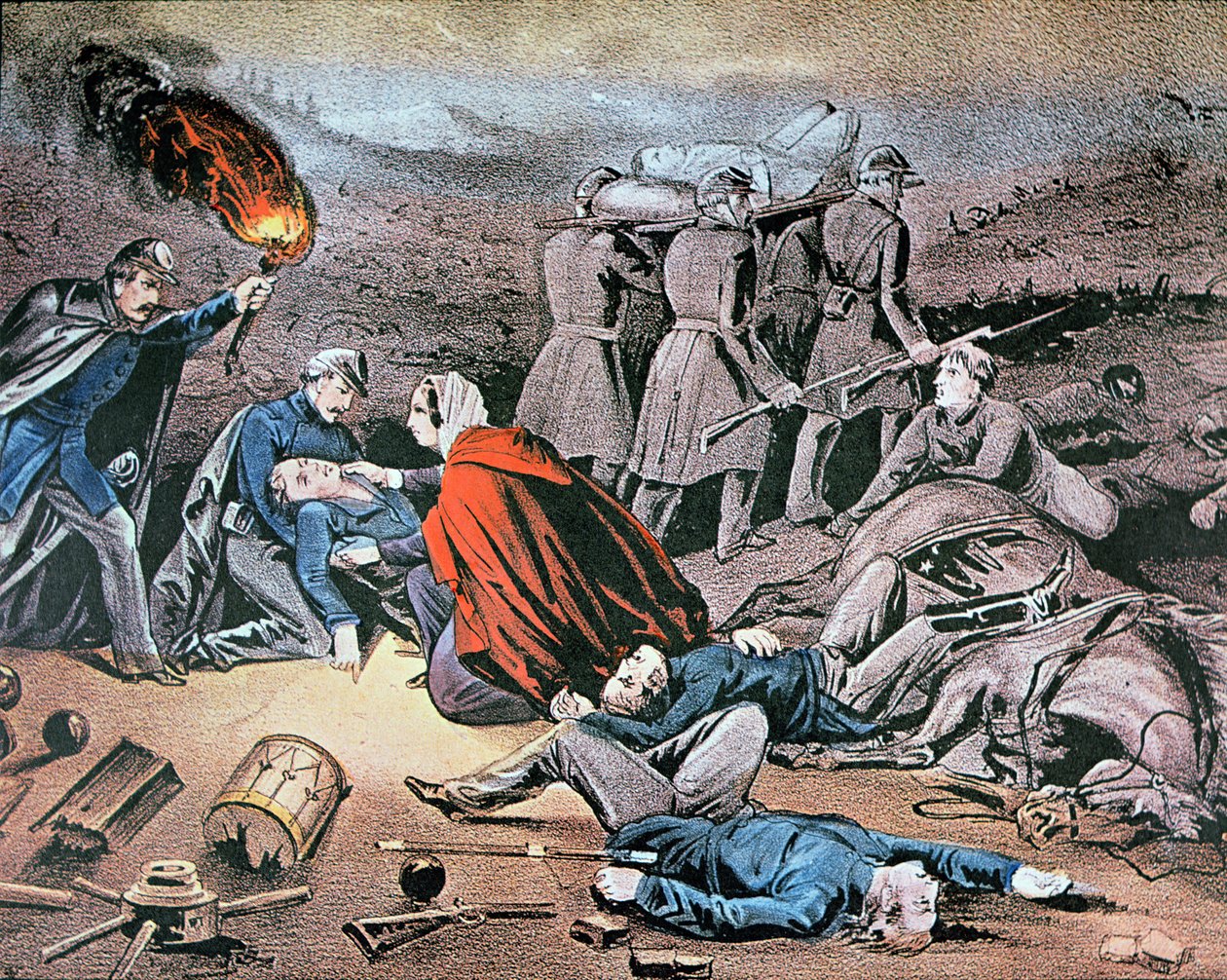 Clara Barton tending wounded during the American Civil War (colour litho) بواسطة المدرسة الأمريكية