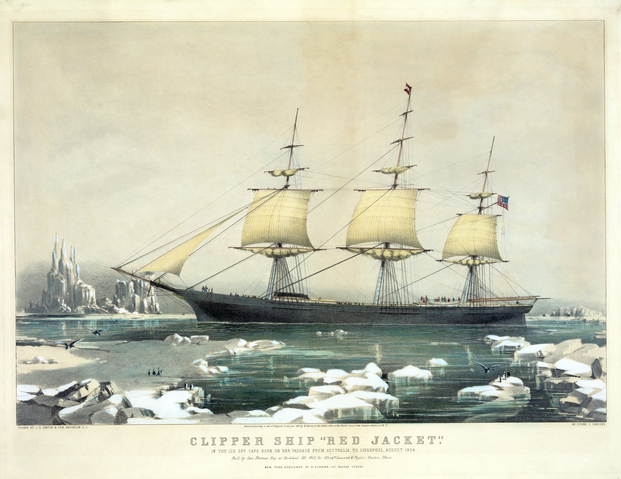 Clipper Ship Red Jacket في الجليد قبالة كيب هورن ، في مرورها من أستراليا إلى ليفربول ، أغسطس 1854 ، الحانة. N. Currier ، 1855 بواسطة المدرسة الأمريكية
