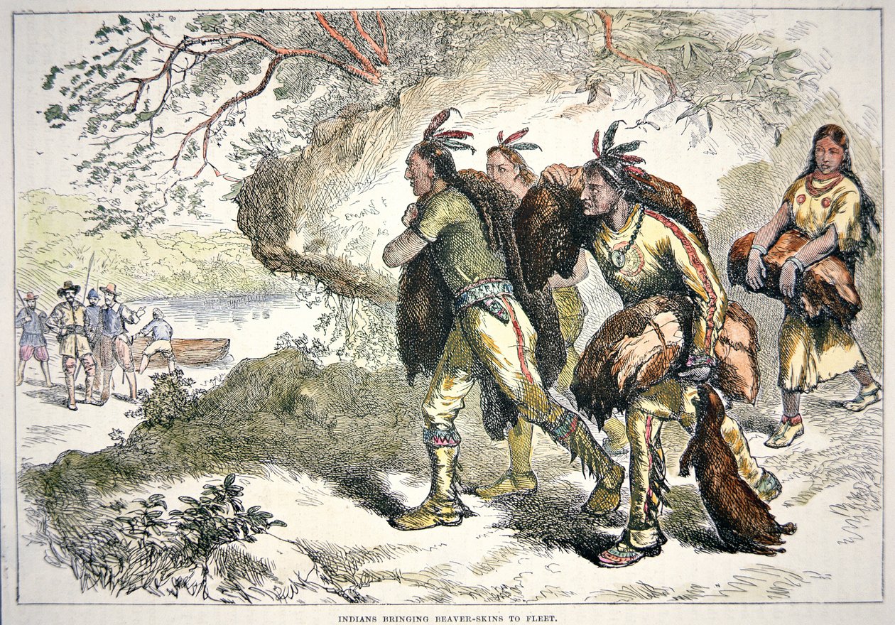 Colonial Fur Traders (coloured engraving) بواسطة المدرسة الأمريكية