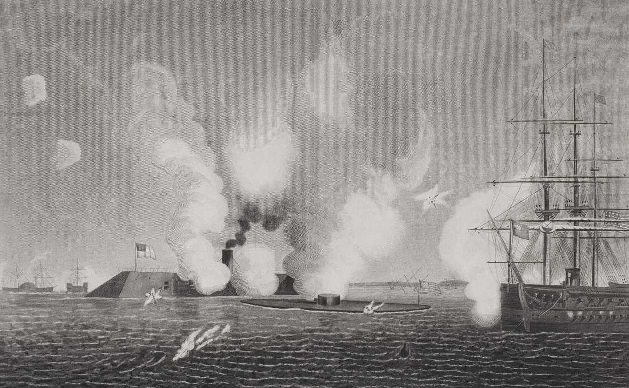 قتال بين الكونفدرالية CSS فرجينيا (يسار) ومرصد USS US (في الوسط) في 9 مارس 1862 في هامبتون رودز ، فيرجينيا (انظر 254609 لمزيد من التفاصيل) بواسطة المدرسة الأمريكية