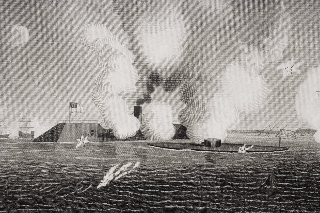 قتال بين الكونفدرالية CSS فرجينيا (يسار) ومرصد يو إس إس USS (يمين) في 9 مارس 1862 في هامبتون رودز ، فيرجينيا (تفاصيل 254608) بواسطة المدرسة الأمريكية