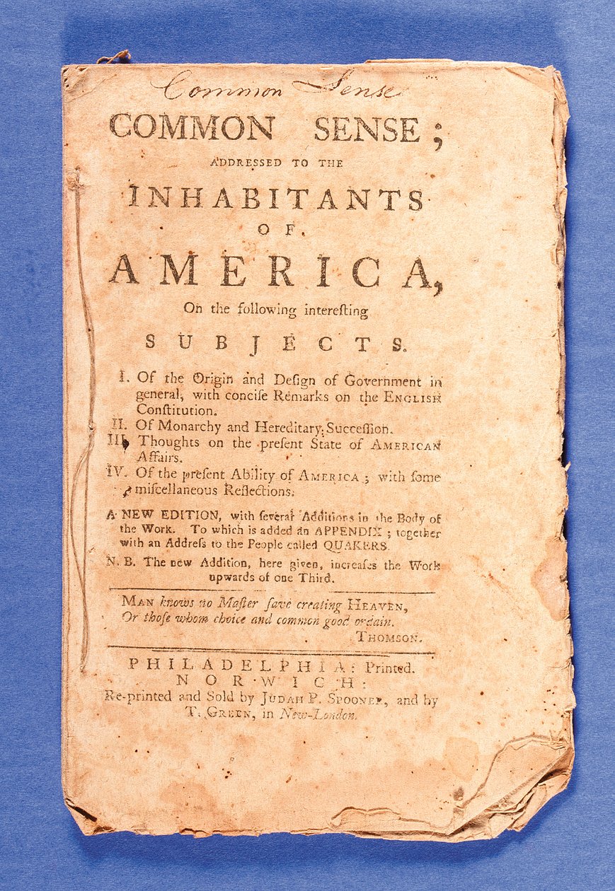 "الحس السليم: موجه لسكان أمريكا" ، طبعة جديدة من تأليف توماس باين (1737-1809) طبع في فيلادلفيا بواسطة المدرسة الأمريكية