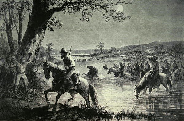 الجيش الكونفدرالي يعبر خنادق نهر بوتوماك أثناء غزو ماريلاند عام 1862 (ليتو) بواسطة المدرسة الأمريكية
