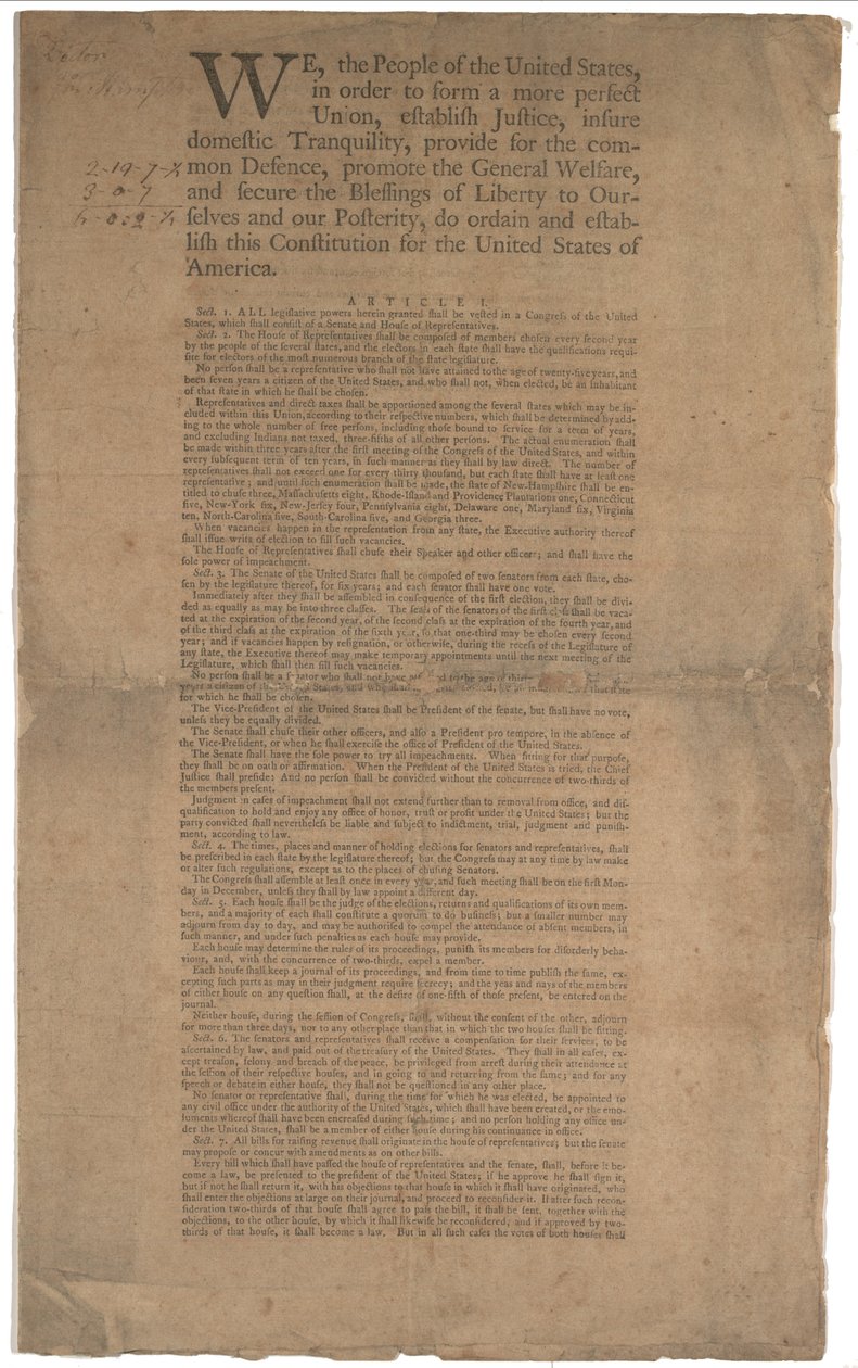 الدستور ، الطبعة الأولى ، طبع بواسطة Dunlap & Claypoole ، 17-19 سبتمبر 1787 (انظر GLC 695934 للصفحة 2) بواسطة المدرسة الأمريكية