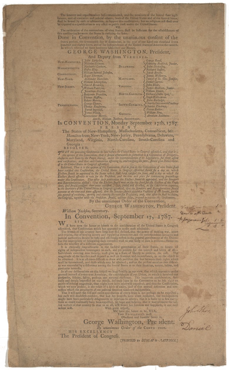 الدستور ، الطبعة الأولى ، طبع بواسطة Dunlap & Claypoole ، 17-19 سبتمبر 1787 (انظر أيضًا GLC 695933 و GLC 695934 و GLC 695935) بواسطة المدرسة الأمريكية