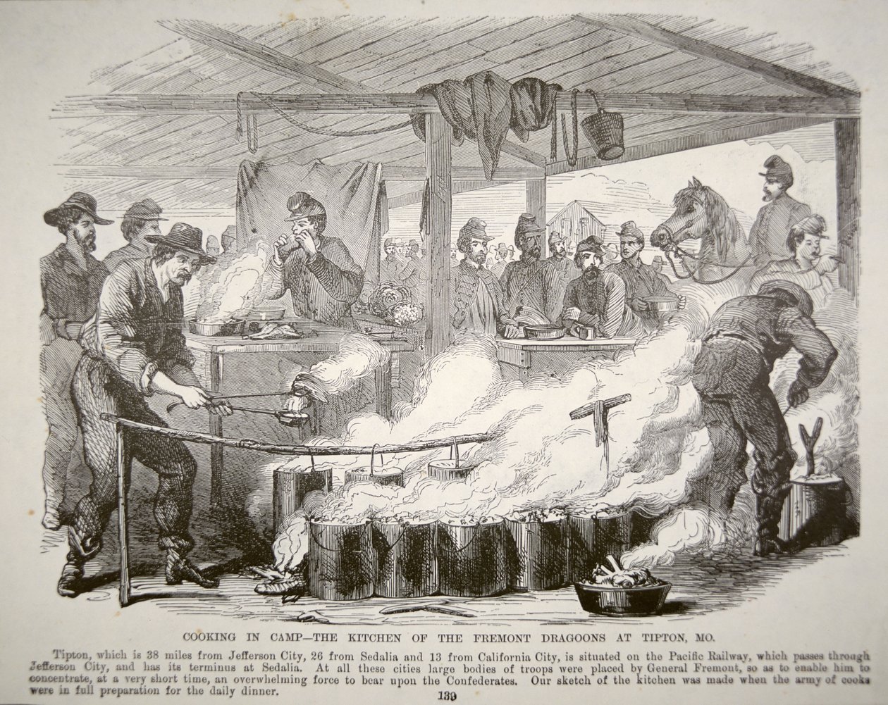 Cooking in camp - The kitchen of the Fremont Dragoons at Tipton, Missouri (engraving) بواسطة المدرسة الأمريكية