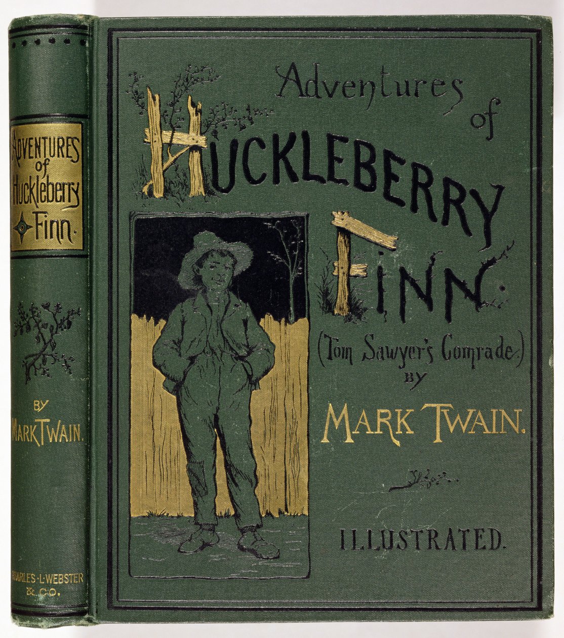 غلاف مغامرات Huckleberry Finn لمارك توين (1835-1910) الطبعة الأمريكية الأولى ، التي نشرها تشارلز إل ويبستر ، 1885 (قماش منقوش ذهبي) بواسطة المدرسة الأمريكية