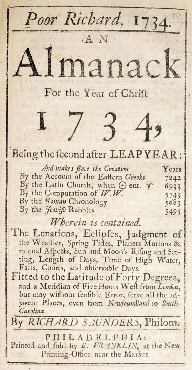غلاف الفقير ريتشارد ، تقويم ، 1734 (طباعة) بواسطة المدرسة الأمريكية